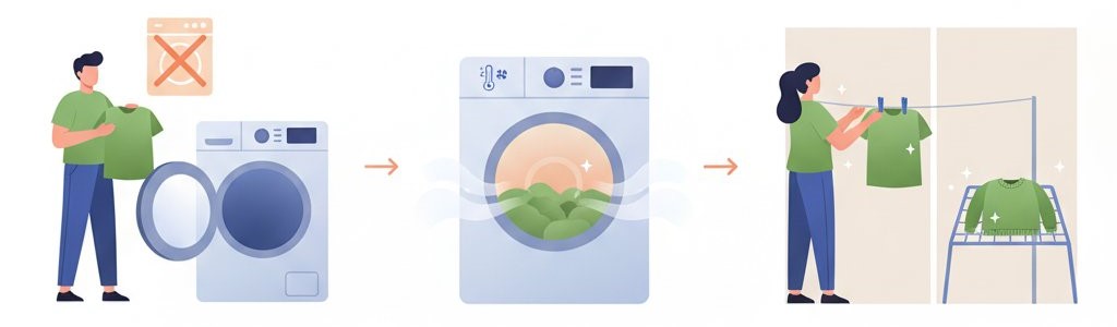 after washing care instructions of polyester fabric such as avoid dryer, dry on low heat and lay flat.  