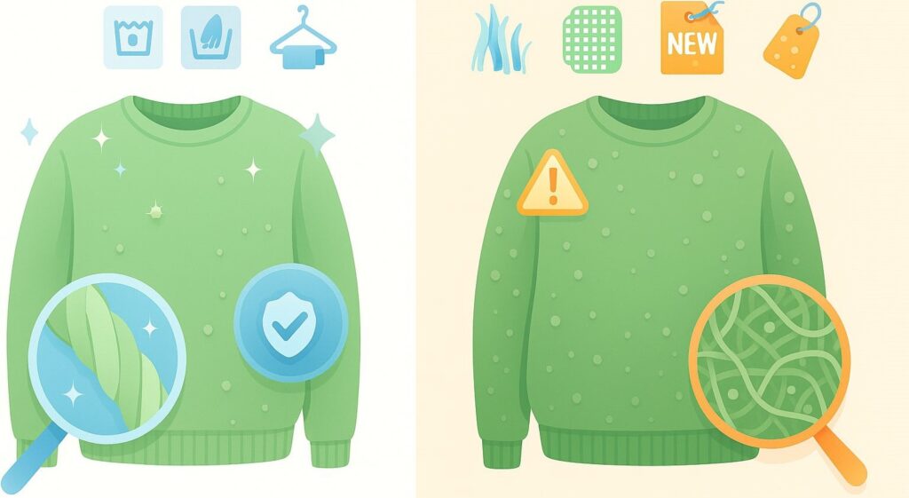 Left side shirt shows pilling due to natural phenomenon not by the poor quality while right side shows pilling on shirt due to low quality.