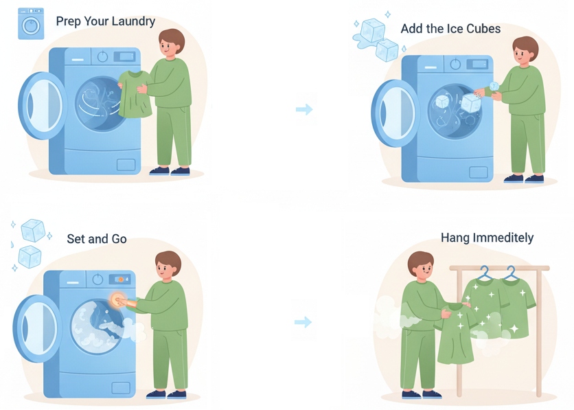 remove wrinkles from polyester fabric by using ice cubes in the dryer