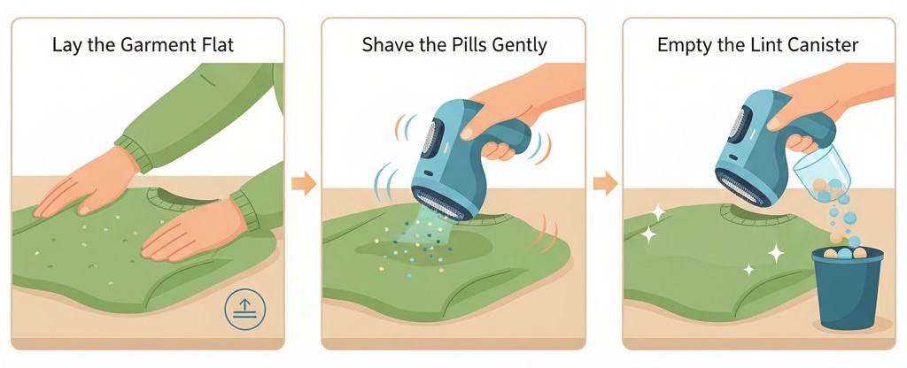 remove pilling from sweaters by using electric fabric shaver