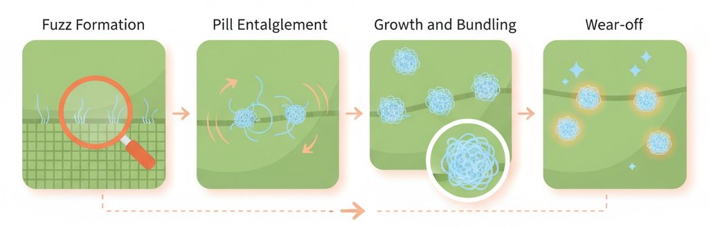 complete cycle of pilling on polyeser fabric which consist of fuzz formation, pill entanglement, growth and wear off.