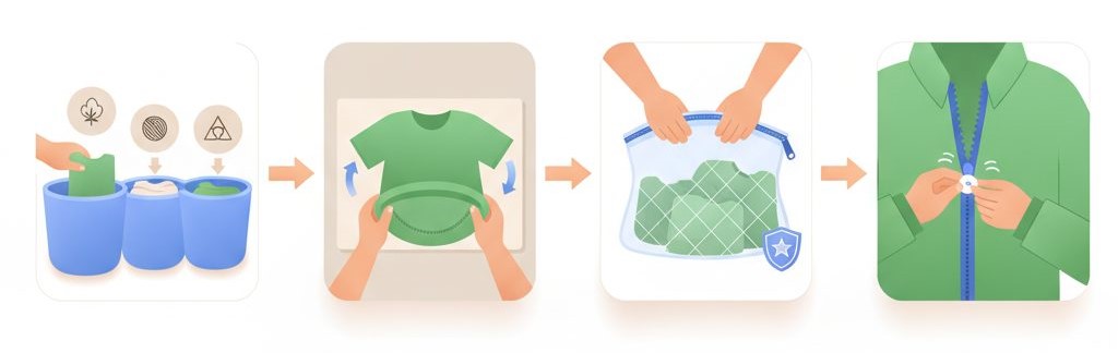 pre wash prepration of fabric like sorting, turn inside out, use laundry bag and zip up zipper as a preventive measure to avoid pilling.