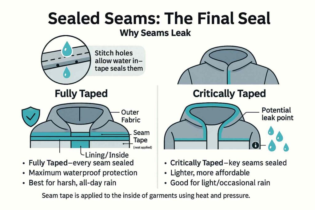 sealed seams of a fabric with waterproof seam tape