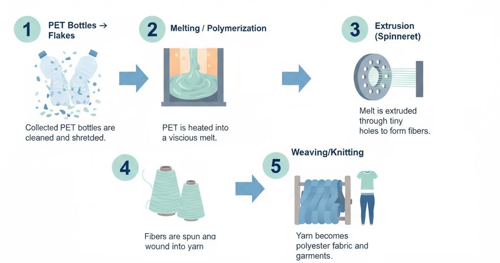 Infographic showing how PET bottles are recycled into polyester fabric through melting, extrusion, spinning, and weaving steps.