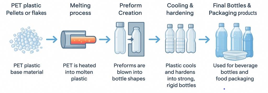 Infographic showing how PET plastic is melted, molded, and cooled to form bottles and packaging.