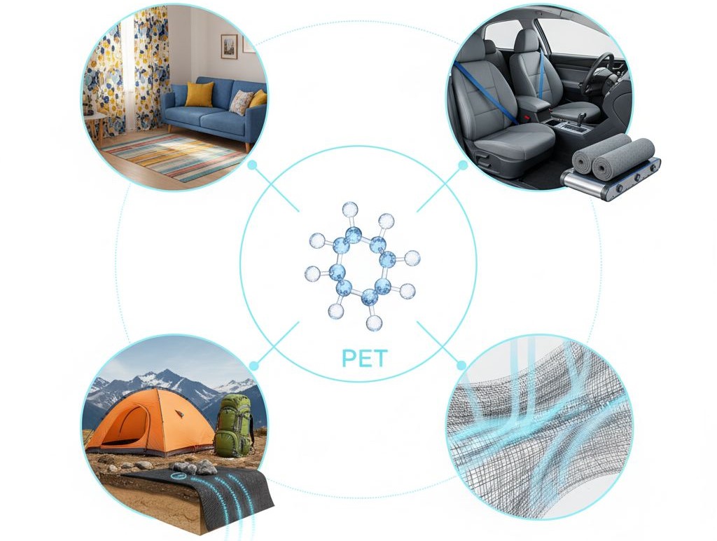 Common uses of polyester plastic (PET) in home furnishings, cars, outdoor gear, and industrial fabrics.