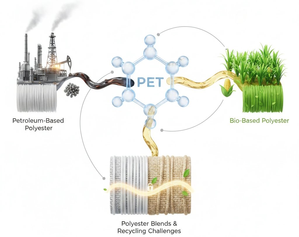Comparison of petroleum-based polyester, bio-based polyester, and polyester blends with recycling challenges.