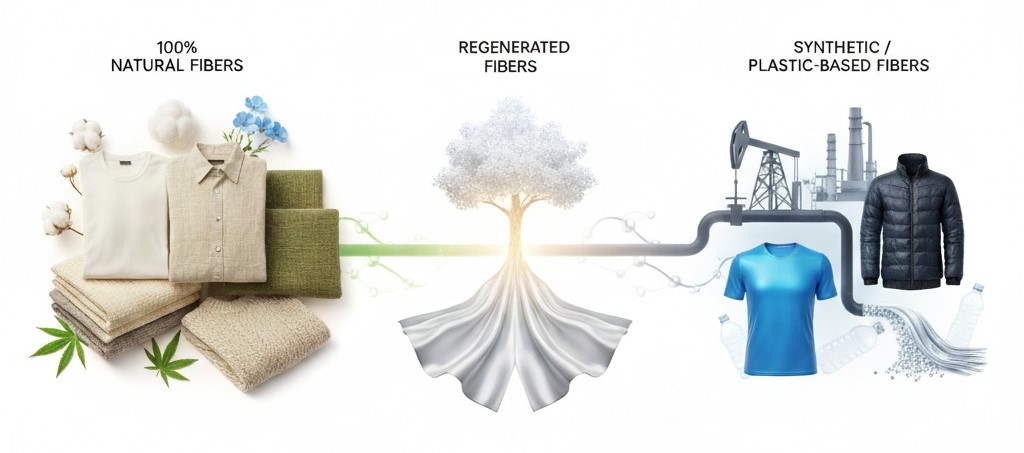 Comparison of natural, regenerated, and synthetic fibers showing which fabrics contain plastic.