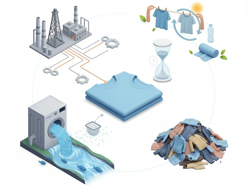 How polyester contributes to microplastic pollution, landfill waste, and energy in fashion.