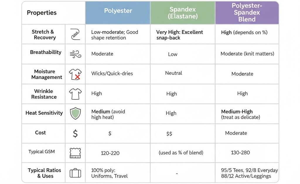 quick comparison of polyester vs spandex vs blend