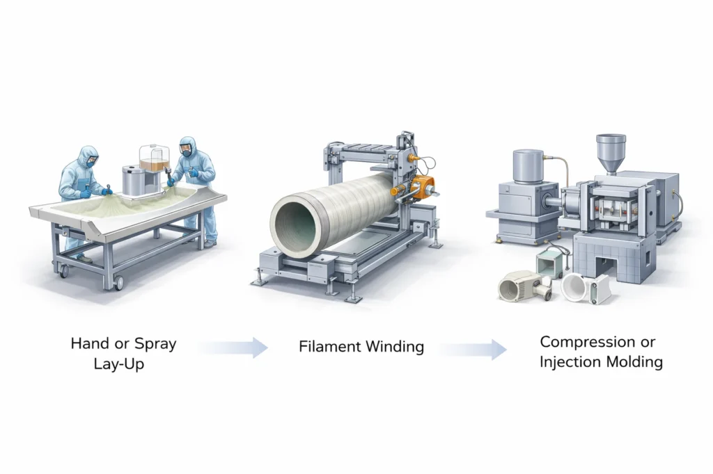 common glass reinforced polyester manufacturing methods including lay-up, filament winding, and molding