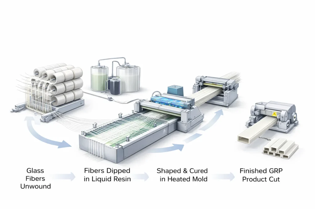 glass reinforced polyester manufacturing process from fiber impregnation to finished profiles