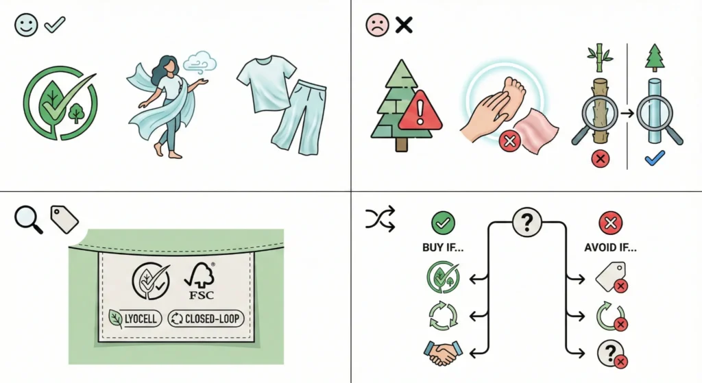 key considerations when buying bamboo fabric: eco-friendly certifications, the benefits of lyocell, and guidance on when to buy or avoid based on environmental impact and labeling.