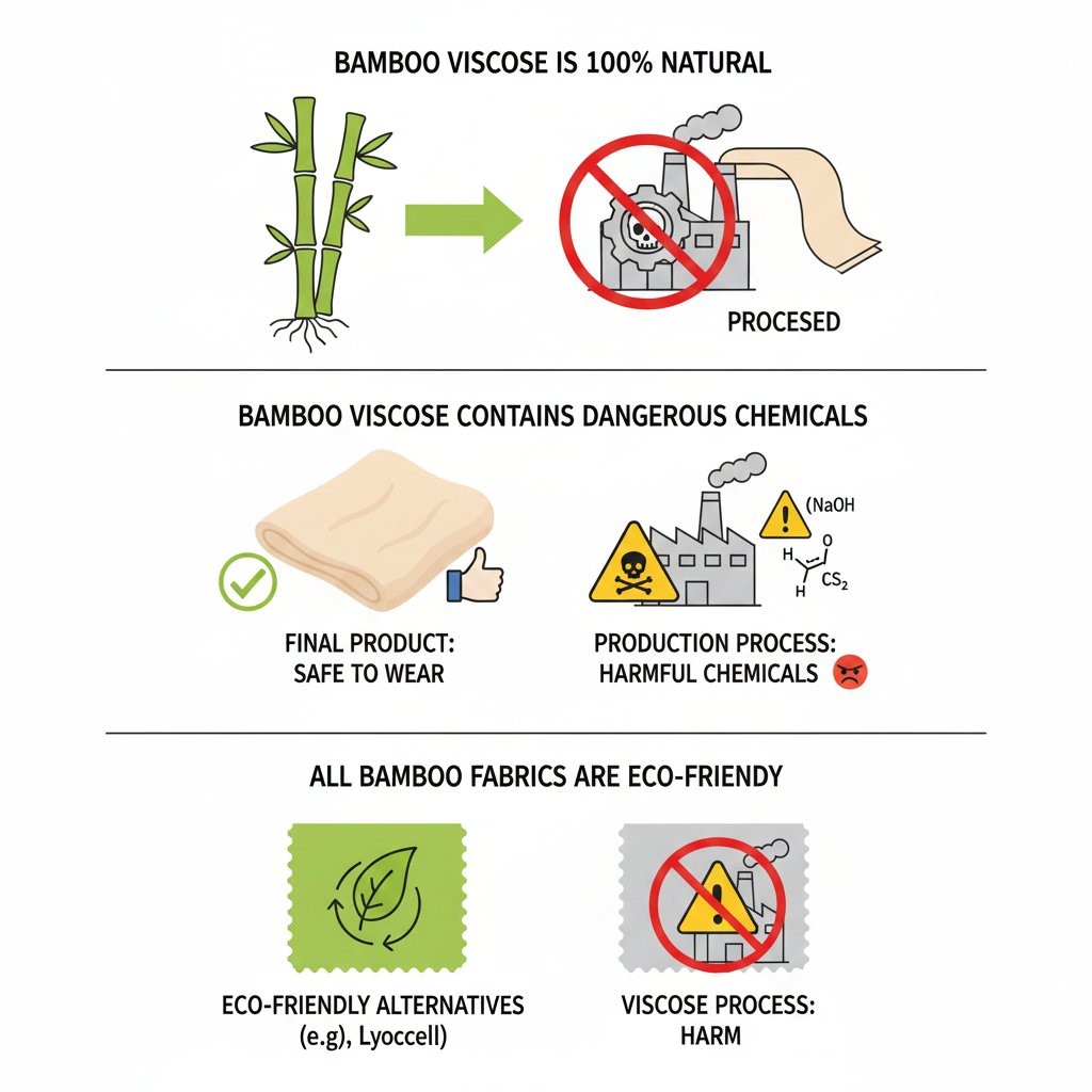 debunking common myths about bamboo viscose, showing the differences between its natural and processed states, the presence of harmful chemicals during production, and the availability of eco-friendly alternatives like lyocell