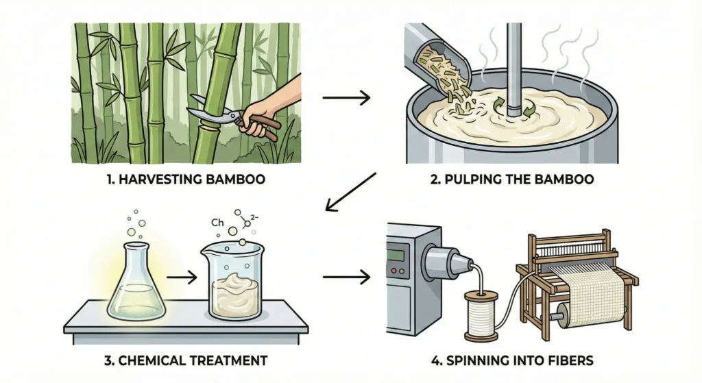 four-step process of turning bamboo into viscose fabric: harvesting bamboo, pulping the bamboo, chemical treatment, and spinning into fibers.