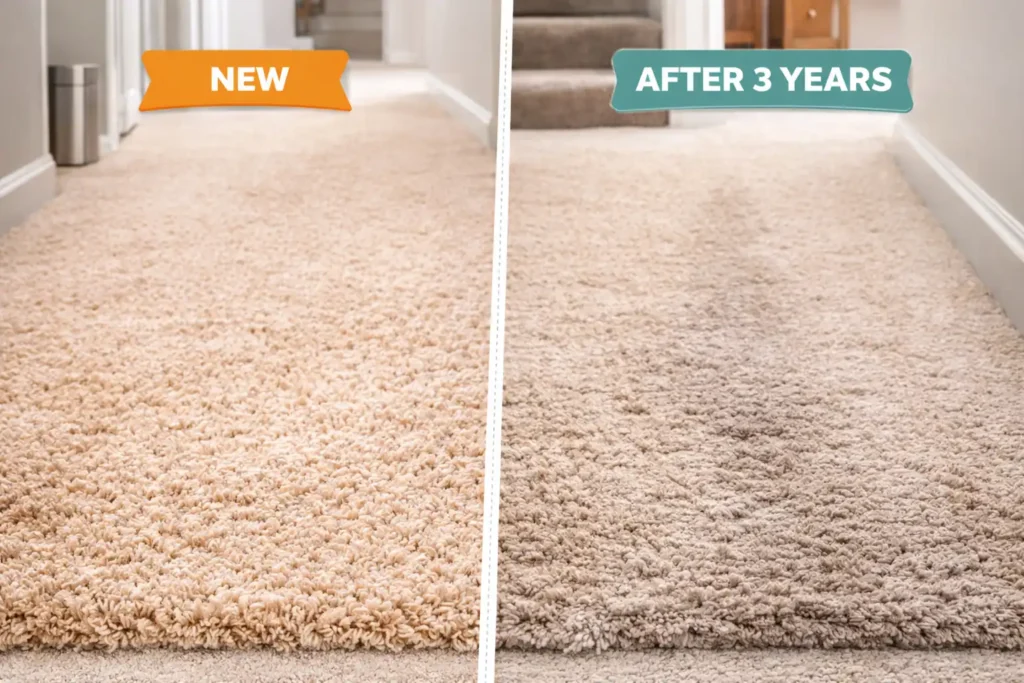 New vs worn carpet comparison showing long-term durability and traffic wear in nylon and polyester carpets.