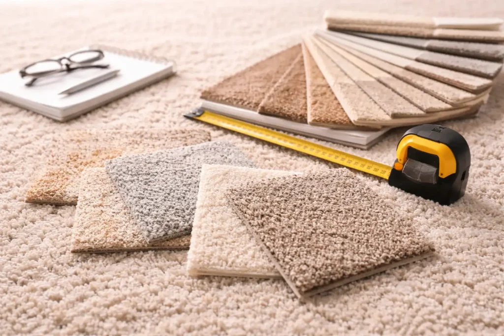 Carpet samples with measuring tape showing cost comparison and carpet selection planning for the home.