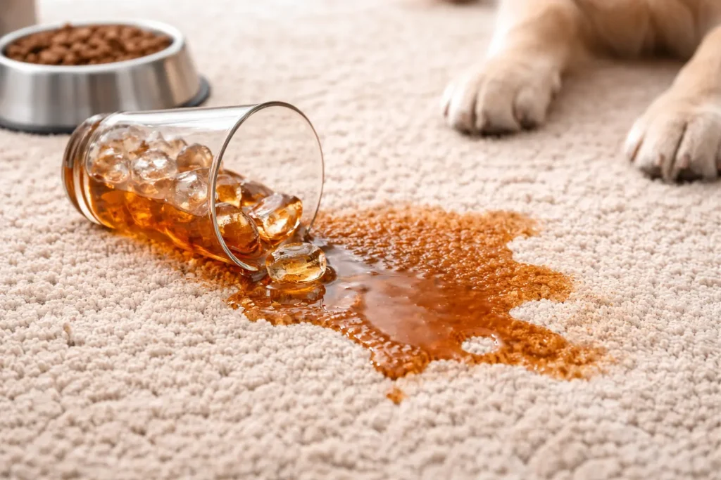 Carpet spill example showing liquid stain absorption and cleaning behavior in nylon vs polyester carpet.