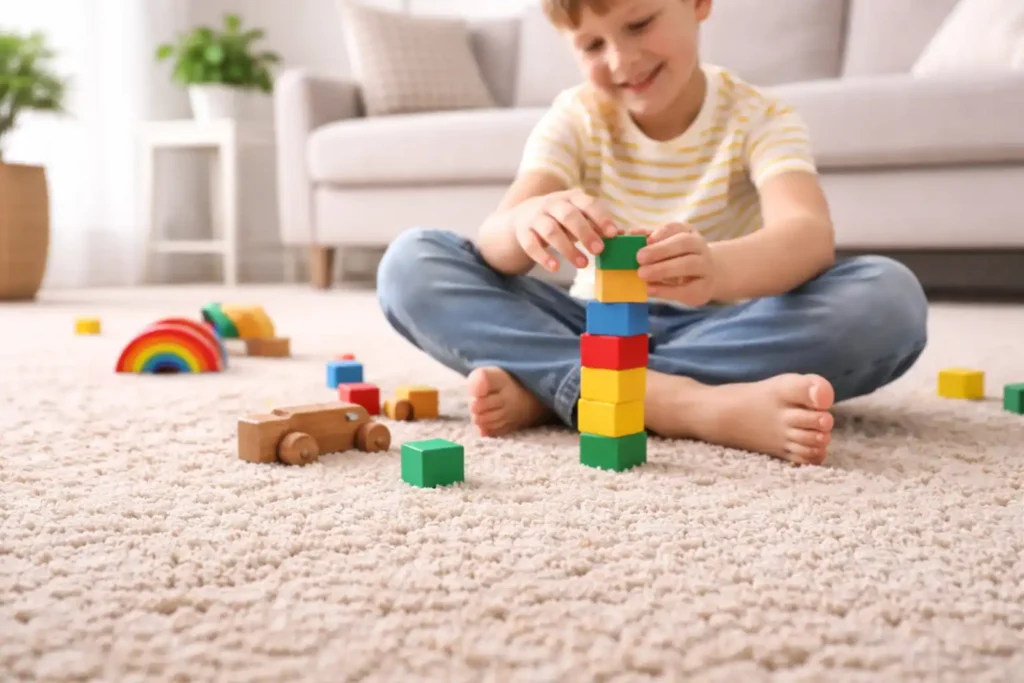 Child playing barefoot on soft carpet showing comfort and family-friendly carpet feel in the home.