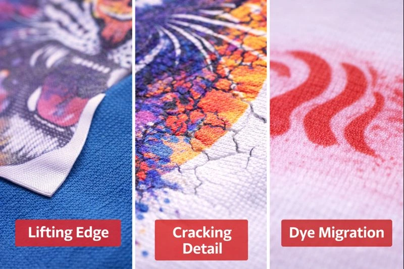 Common DTF on polyester issues: lifting edges, cracking after washing, and dye migration color shift.