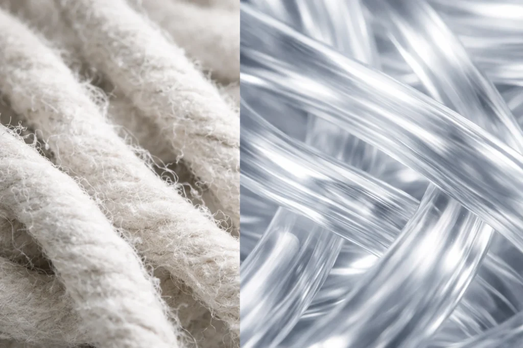 Side-by-side macro comparison showing the twisted natural fibers of cotton vs the smooth synthetic filaments of viscose.