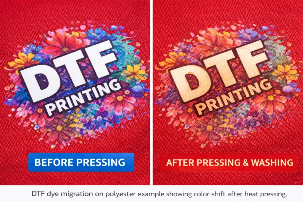 DTF dye migration on polyester showing before and after pressing with visible red-yellow color shift in direct to film printing.