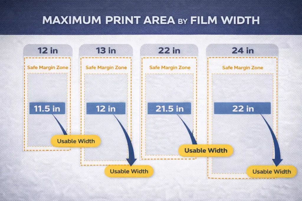 DTF size chart diagram showing maximum print area and usable width by film size.