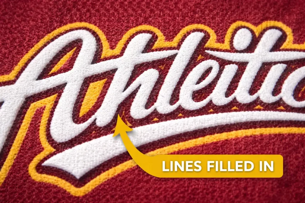 DTF size chart detail example showing thin lines filled in on a print due to underweight strokes.