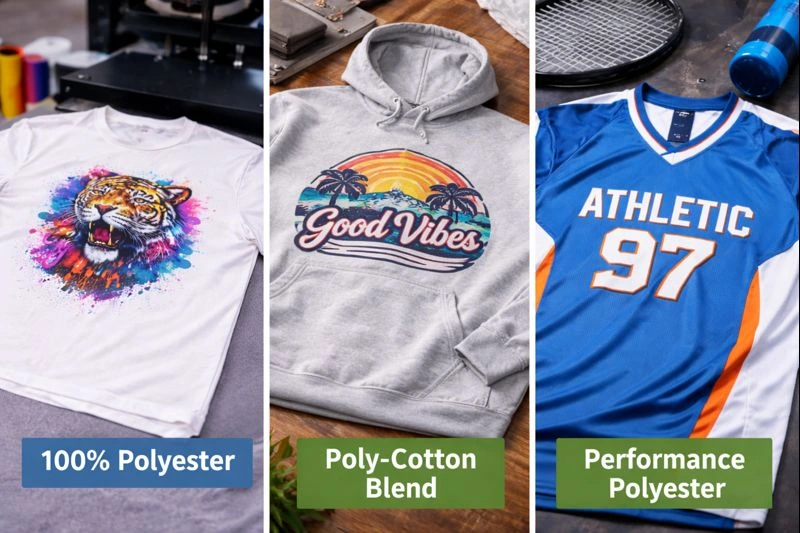 DTF on polyester fabric options: 100% poly tee, poly-cotton blend hoodie, and performance sports jersey.