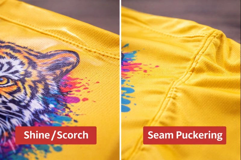 DTF on polyester comparison showing heat shine/scorch and seam puckering from pressing.