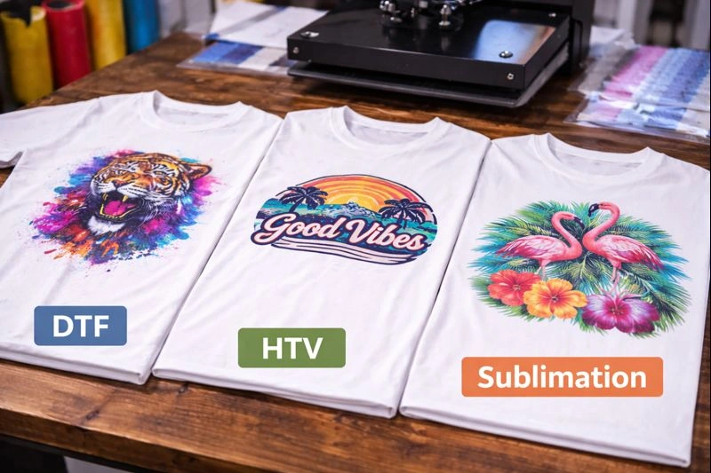 Comparison of DTF, HTV, and sublimation finishes for printing on polyester garments.