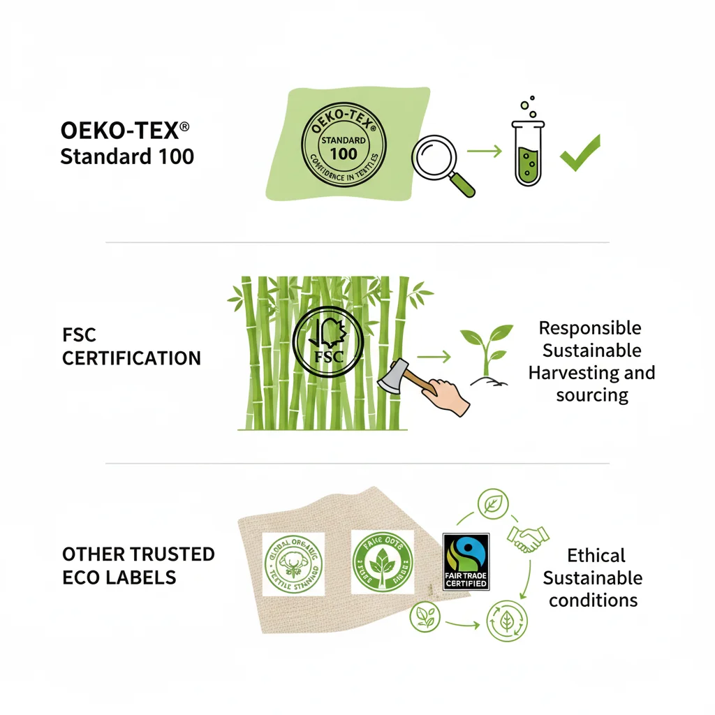 eco-certifications for bamboo fabric, including OEKO-TEX Standard 100, FSC certification for sustainable harvesting, and other trusted eco labels like Fair Trade and Global Organic Textile Standard (GOTS)."