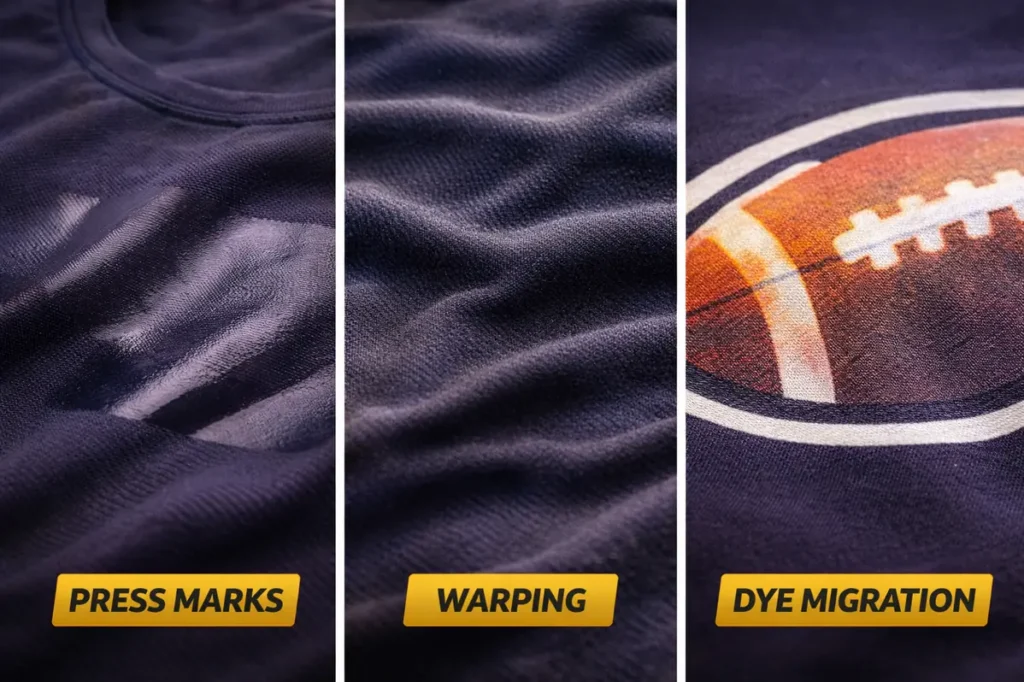 Common heat press problems on polyester fabric including press marks, warping, and dye migration