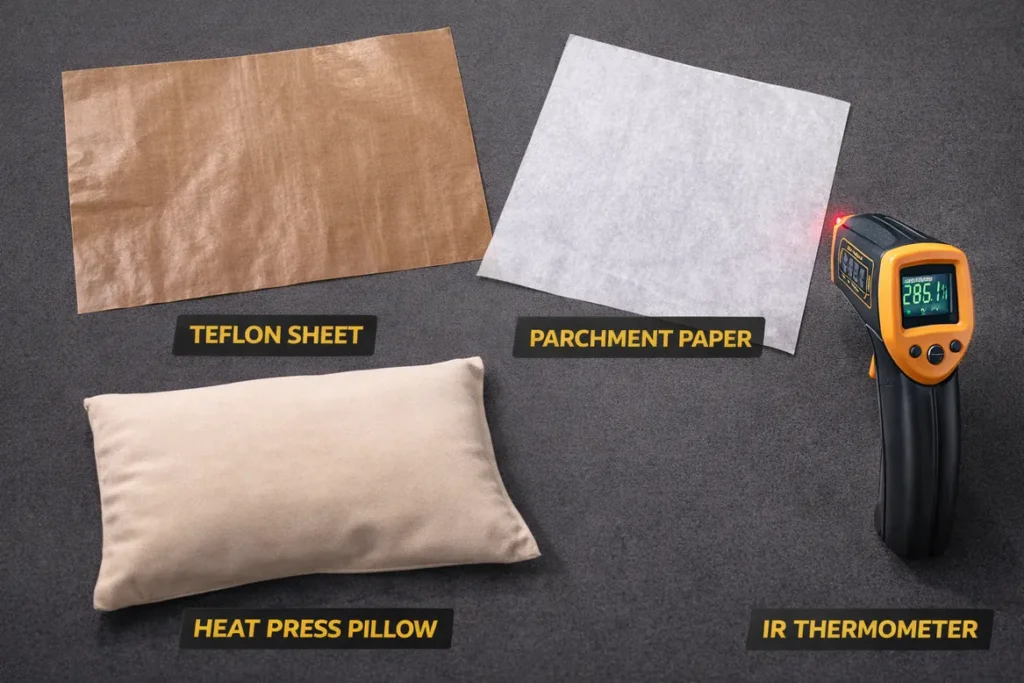 Essential heat press tools for safely pressing polyester fabric, including Teflon sheet and heat press pillow