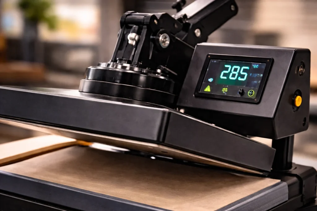 Heat press machine displaying precise temperature settings for safely pressing polyester fabric
