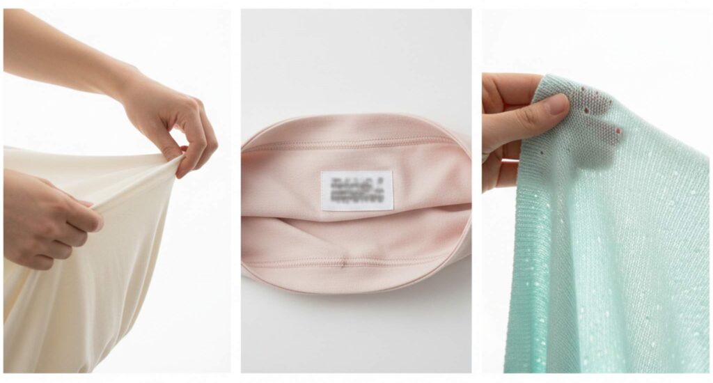 Three-step visual showing how to check if viscose fabric stretches.