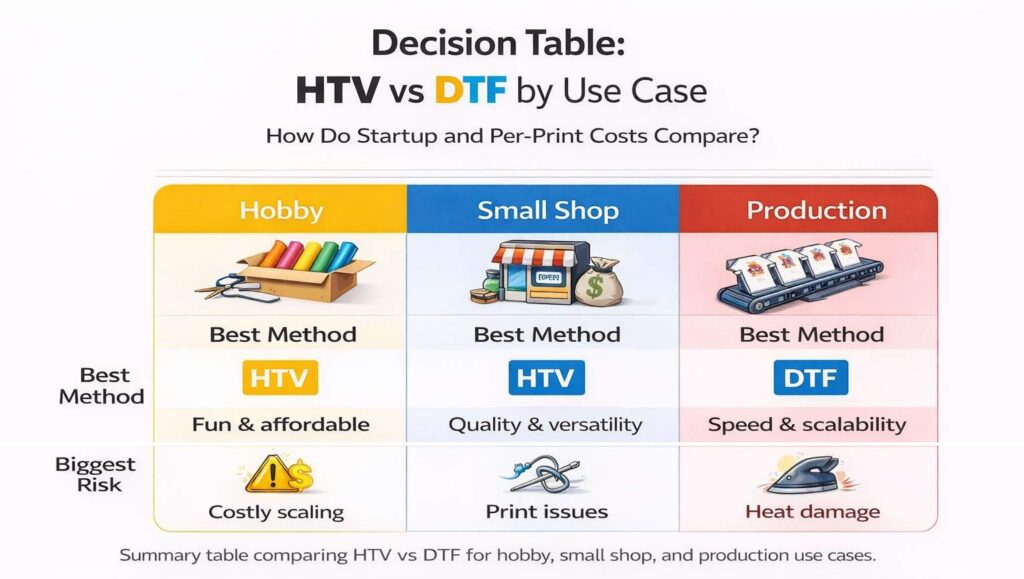 HTV vs DTF decision table by use case showing the best transfer method, main reason, and biggest risk for hobby, small shop, and production.