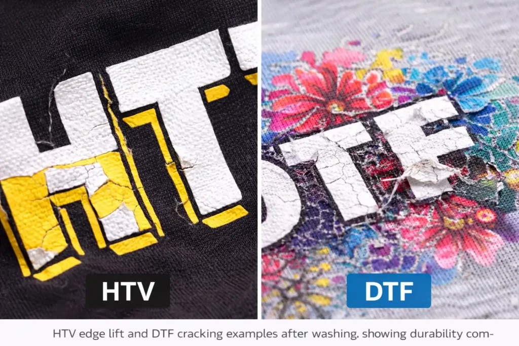 HTV edge lift and DTF cracking after washing showing durability differences in the HTV vs DTF print method comparison.