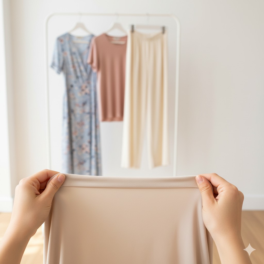 Person testing stretchiness of viscose fabric in front of clothing rack.
