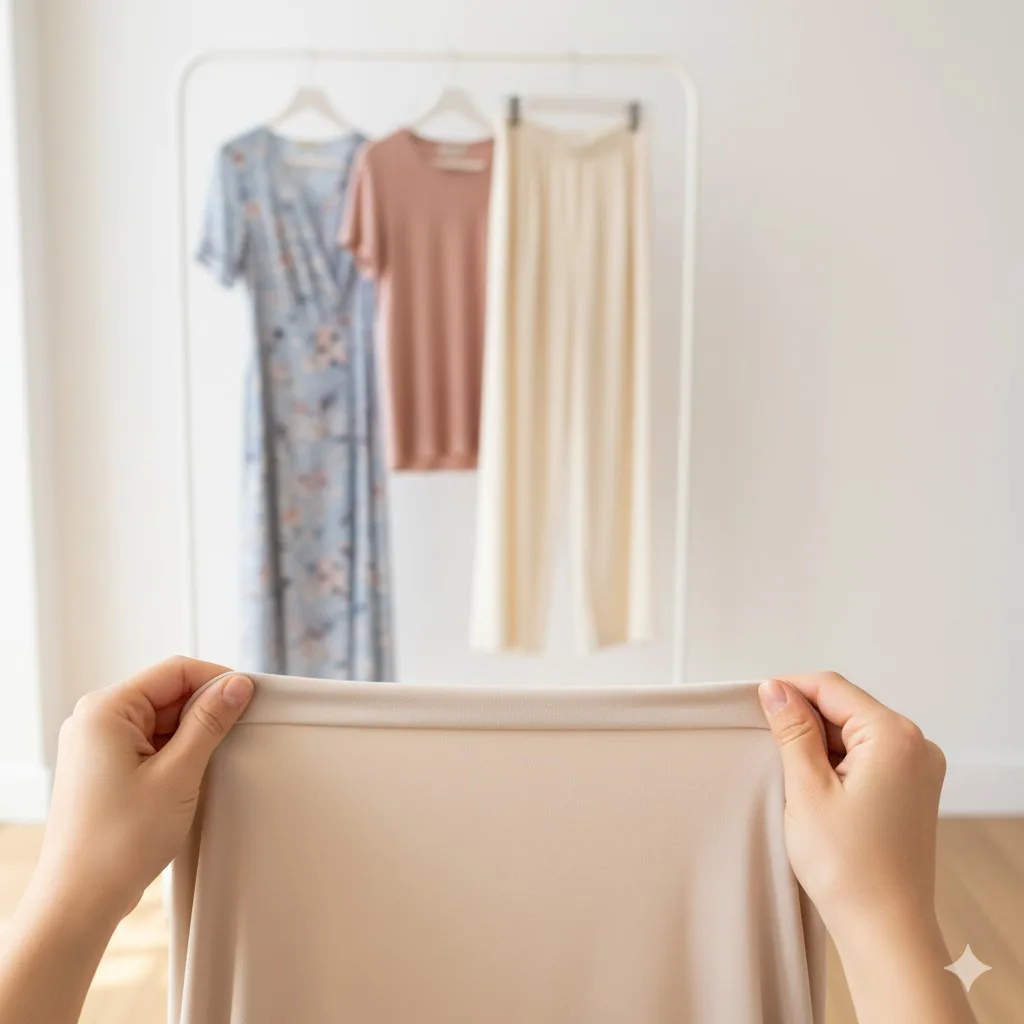 Person testing stretchiness of viscose fabric in front of clothing rack.