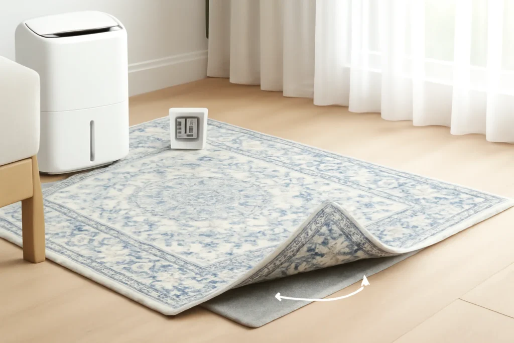 A viscose rug with a rug pad, dehumidifier, and hygrometer for proper home care.