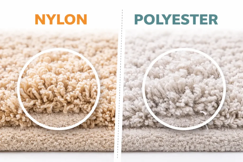 Close-up comparison of nylon vs polyester carpet fibers showing texture, density, and fiber structure differences.