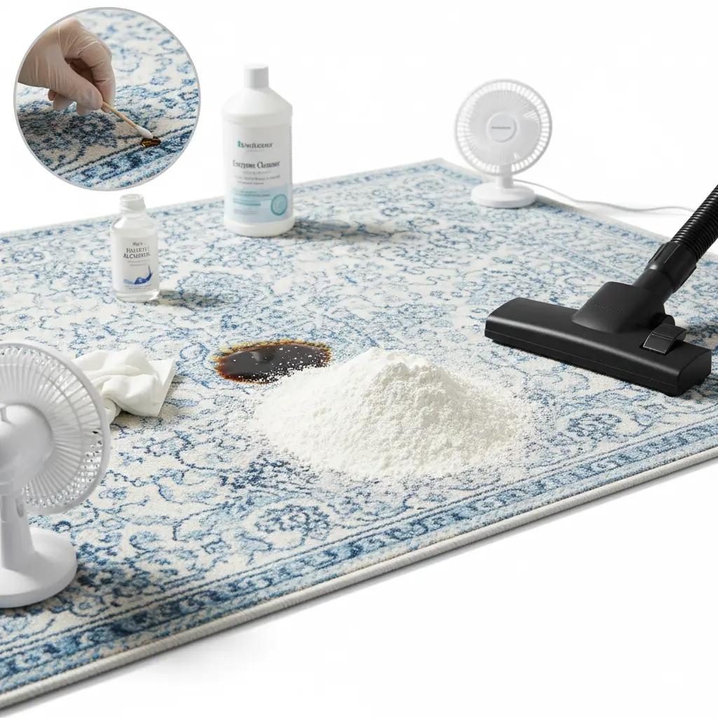 Oil stain on a viscose rug being treated with cornstarch, vacuuming, and spot testing.