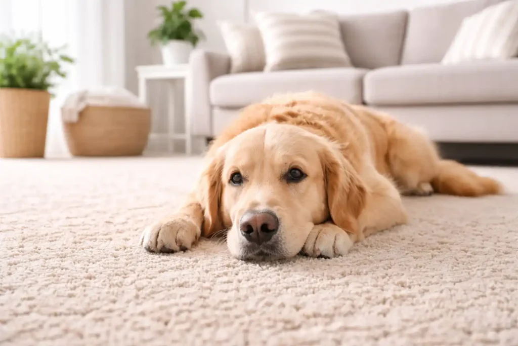 Dog resting on clean carpet in a pet-friendly home showing comfort and odor-safe carpet performance.
