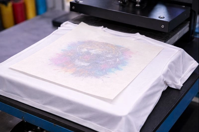 Heat press transfer on polyester garments with cover sheet for DTF on polyester settings.