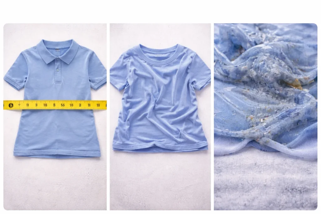 Polyester fabric naturally showing shrinkage, warping, and melting differences under heat in a clear comparison image.