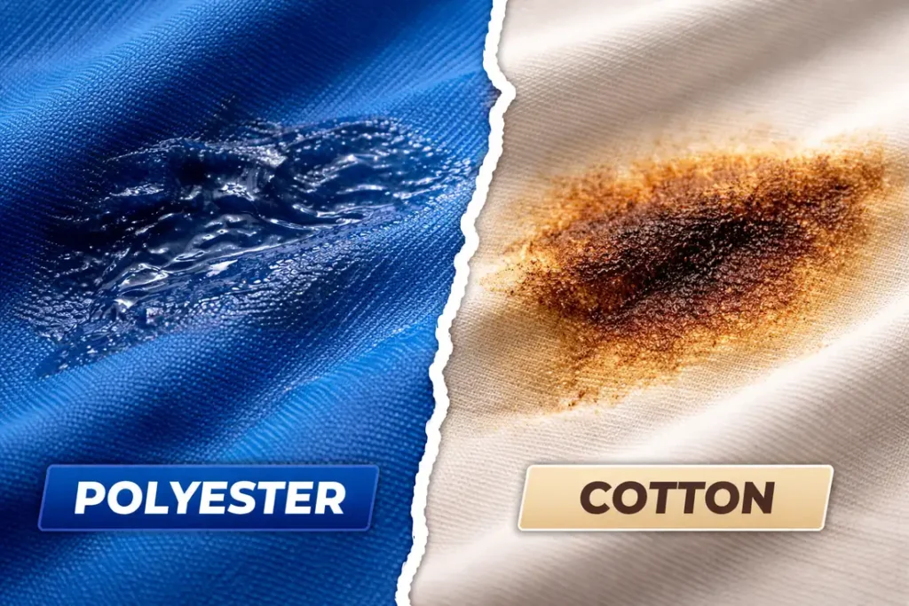 Close-up comparison showing how heat press affects polyester fabric versus cotton after heat exposure