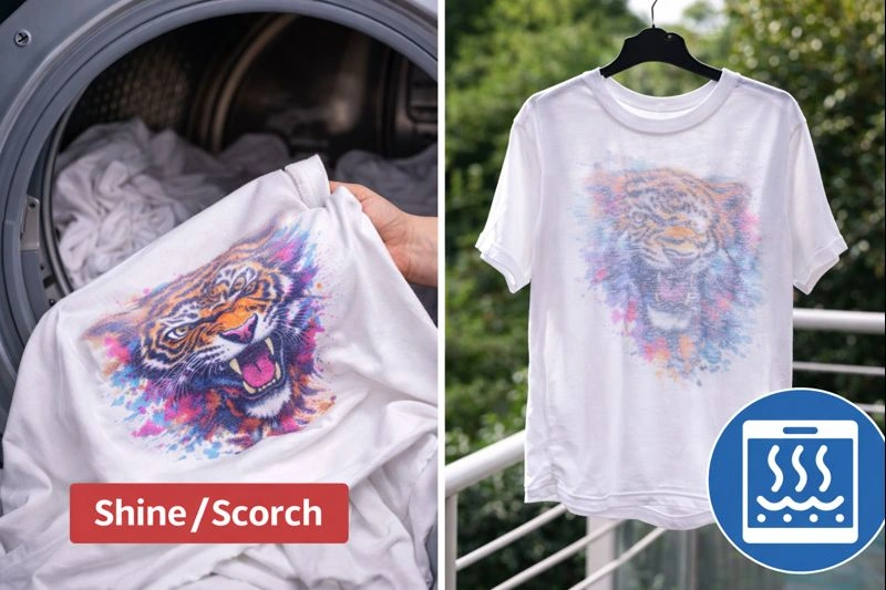 DTF on polyester wash care: inside-out washing and air-drying to improve wash resistance.