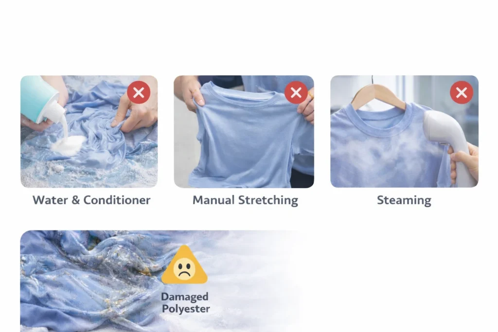 Polyester fabric naturally showing different unshrinking attempts and heat damage effects in a clear white background.