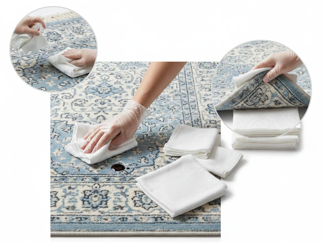 A viscose rug being blotted with white cloths during spill cleanup, showing spot testing and lifting the rug to place absorbent towels as part of proper viscose rug care.